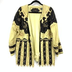 VTG JA Resorts Embroidered Jacket Womens S Boho Open Front Floral Black Gold